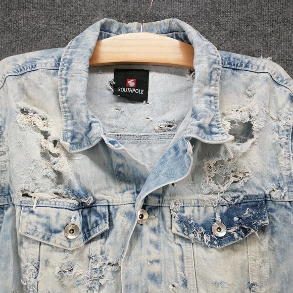 Southpole Men's Distressed Denim Jacket Blue M Button Front Acid Wash - Picture 2 of 16